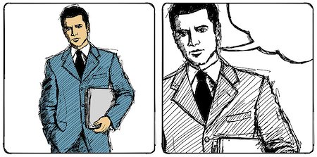 Vector Sketch, comics style man businessman in suit with laptop in his hands, looking on camera Stock Photo - Budget Royalty-Free & Subscription, Code: 400-06765158