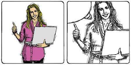 simsearch:400-04455693,k - Vector Sketch, comics style businesswoman with red laptop shows well done Photographie de stock - Aubaine LD & Abonnement, Code: 400-06765150