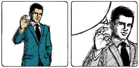 Vector Sketch, comics style happy businessman in suit shows OK, looking on camera Stock Photo - Budget Royalty-Free & Subscription, Code: 400-06765151