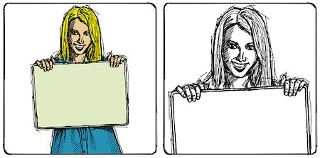 sketching idea - Vector Sketch, comics style happy business woman holding blank white card in her hands Stock Photo - Budget Royalty-Free & Subscription, Code: 400-06765152
