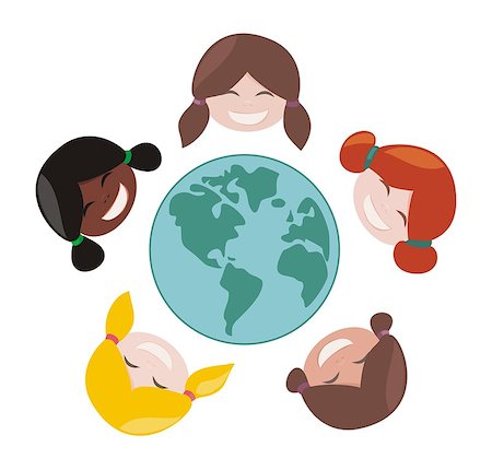 simsearch:400-05713770,k - Happy, laughing multicultural girls group around the world. Vector illustration isolated on white background with smiling young female faces around planet earth. Stock Photo - Budget Royalty-Free & Subscription, Code: 400-06765220