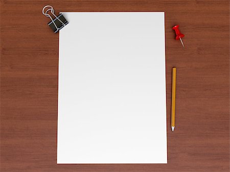 simsearch:400-07481880,k - A sheet of paper on a wooden surface. Binder, pin and pencil Fotografie stock - Microstock e Abbonamento, Codice: 400-06766229