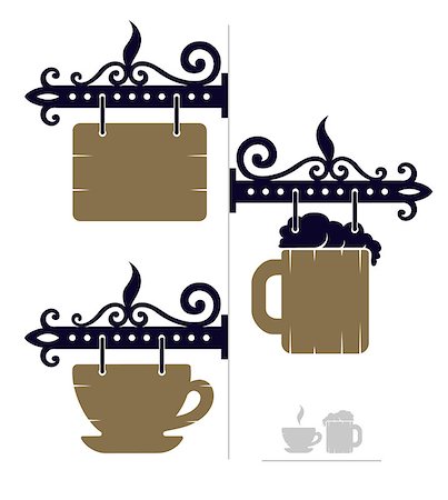 wooden decorative signs for cafe with cup and beer icons - vector illustration EPS8 Stock Photo - Budget Royalty-Free & Subscription, Code: 400-06766442