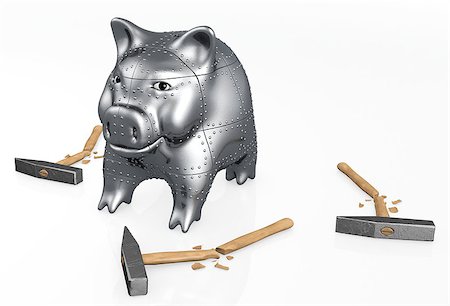 an armored piggy bank with confident attitude is watching on camera while on the ground lie three broken hammers Fotografie stock - Microstock e Abbonamento, Codice: 400-06766890