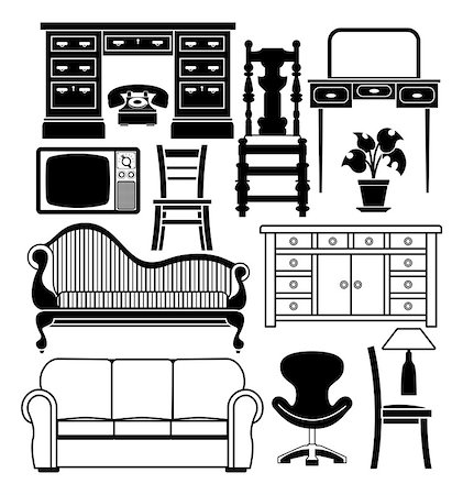 An illustration of a set of black and white furniture graphics Foto de stock - Super Valor sin royalties y Suscripción, Código: 400-06766938