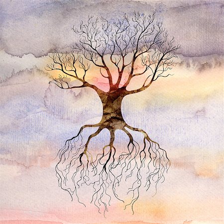 beautiful tree on watercolor background of the sky with clouds Stock Photo - Budget Royalty-Free & Subscription, Code: 400-06767518