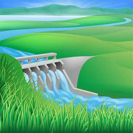 fuel production - Illustration of a hydroelectric dam generating power and electricity Stock Photo - Budget Royalty-Free & Subscription, Code: 400-06767681