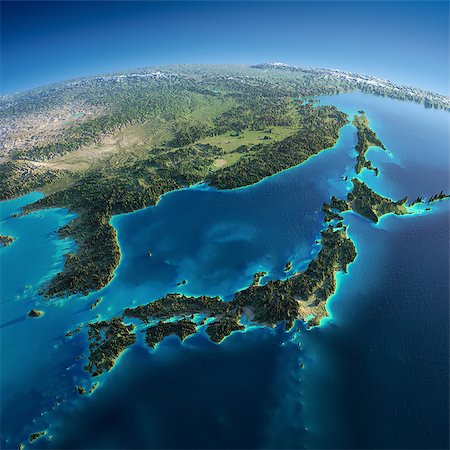 simsearch:400-06363455,k - Highly detailed planet Earth in the morning. Exaggerated precise relief lit morning sun. Part of Asia, the Japanese sea. Elements of this image furnished by NASA Stockbilder - Microstock & Abonnement, Bildnummer: 400-06767955