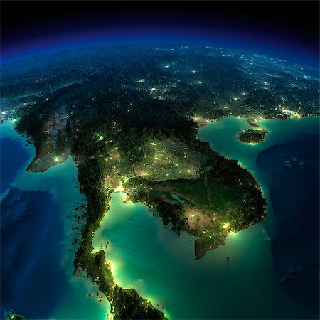 simsearch:400-06363455,k - Highly detailed Earth, illuminated by moonlight. The glow of cities sheds light on the detailed exaggerated terrain and translucent water of the oceans. Elements of this image furnished by NASA Stockbilder - Microstock & Abonnement, Bildnummer: 400-06768358