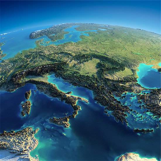 Highly detailed planet Earth in the morning. Exaggerated precise relief lit morning sun. Part of Europe - Italy, Greece and the Mediterranean Sea. Elements of this image furnished by NASA Foto de stock - Sin royalties, Artista: Antartis, Código de la imagen: 400-06768353