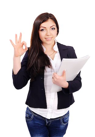 Portrait of  young female with papers showing OK,  isolated on white Stock Photo - Budget Royalty-Free & Subscription, Code: 400-06768539