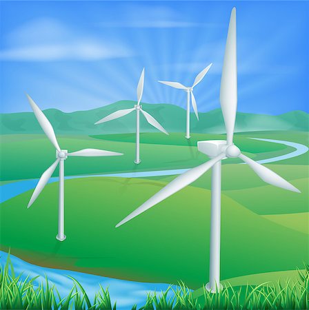 fuel production - Illustration of a wind farm generating power and electricity Stock Photo - Budget Royalty-Free & Subscription, Code: 400-06768818