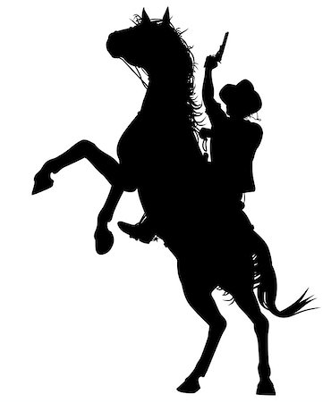 Editable vector silhouette of a cowboy shooting a pistol on a rearing horse Stock Photo - Budget Royalty-Free & Subscription, Code: 400-06769136