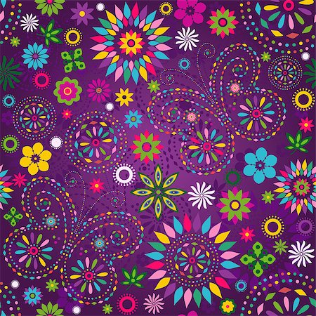 Seamless motley vivid violet floral pattern with colorful flowers, butterflies and decorative circles (vector) Foto de stock - Super Valor sin royalties y Suscripción, Código: 400-06769145