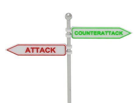 simsearch:400-05731083,k - Signs with red "ATTACK" and green "COUNTERATTACK" pointing in opposite directions, Isolated on white background, 3d rendering Foto de stock - Royalty-Free Super Valor e Assinatura, Número: 400-06769185