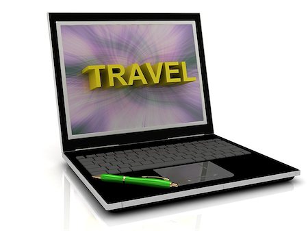 simsearch:400-08696041,k - TRAVEL message on laptop screen in big letters. 3D illustration isolated on white background Fotografie stock - Microstock e Abbonamento, Codice: 400-06769196