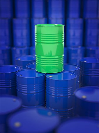 simsearch:400-06570088,k - Oil and Petroleum. Green Oil Drum Standing on the Background of Blue Barrels. Stock Photo - Budget Royalty-Free & Subscription, Code: 400-06769600
