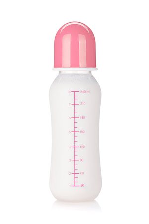 Baby bottle with milk for girl. Isolated on white background Stock Photo - Budget Royalty-Free & Subscription, Code: 400-06769834