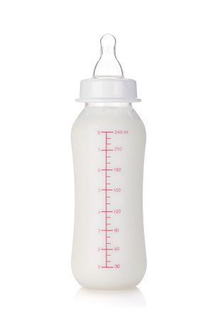 Baby bottle with milk for girl. Isolated on white background Stock Photo - Budget Royalty-Free & Subscription, Code: 400-06769835
