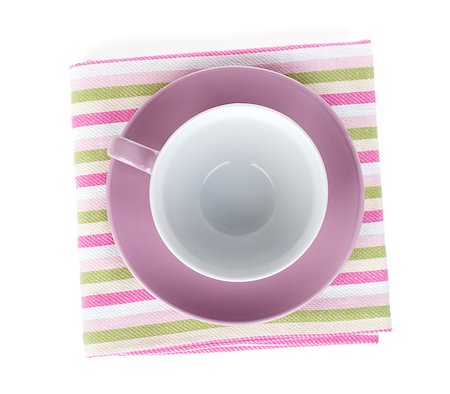simsearch:400-04799995,k - Violet coffee cup over kitchen towel. Isolated on white background Stock Photo - Budget Royalty-Free & Subscription, Code: 400-06769853