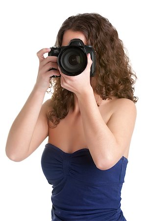 people holding camera slr - Woman holding an SLR camera, getting ready to take a picture, isolated in white Stock Photo - Budget Royalty-Free & Subscription, Code: 400-06769961