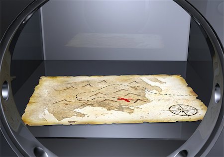 a ruined stretch sheet with a treasure map drawn on it, lies above a shelf inside a heavy metal safe with a circular open door Fotografie stock - Microstock e Abbonamento, Codice: 400-06760486