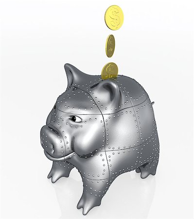 simsearch:400-07574972,k - three golden coins are falling inside an armored piggy bank with a confident attitude on a white background Stock Photo - Budget Royalty-Free & Subscription, Code: 400-06760488