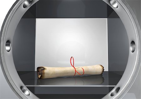 an old and ruined parchment rolled up and tied with a red ribbon, lies above a shelf inside a heavy metal safe with a circular open door Fotografie stock - Microstock e Abbonamento, Codice: 400-06760489