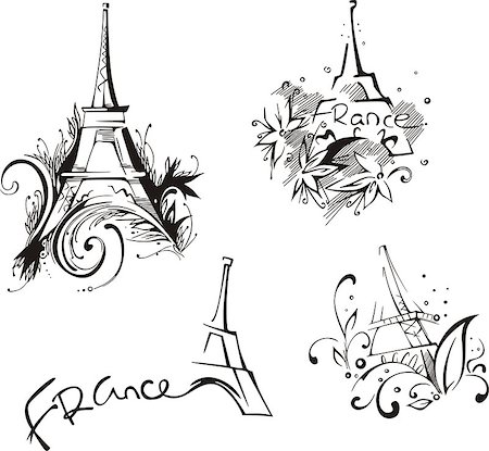 Sketches with Eiffel Tower. Vector set of black and white illustrations. Stock Photo - Budget Royalty-Free & Subscription, Code: 400-06762279
