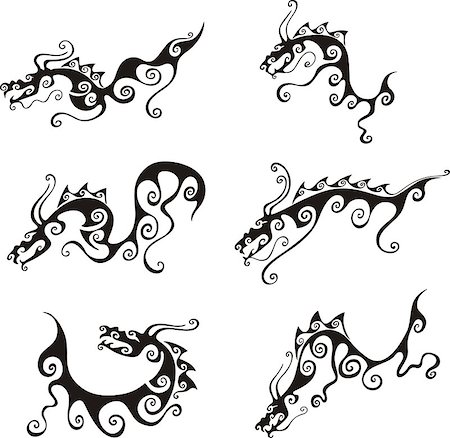 Stylistic dragon tattoos. Set of black and white vector illustrations. Stock Photo - Budget Royalty-Free & Subscription, Code: 400-06762271