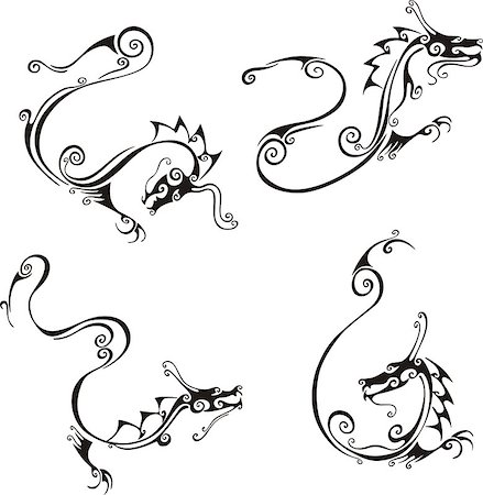 Stylistic exquisite dragon tattoos. Set of black and white vector illustrations. Foto de stock - Super Valor sin royalties y Suscripción, Código: 400-06762272