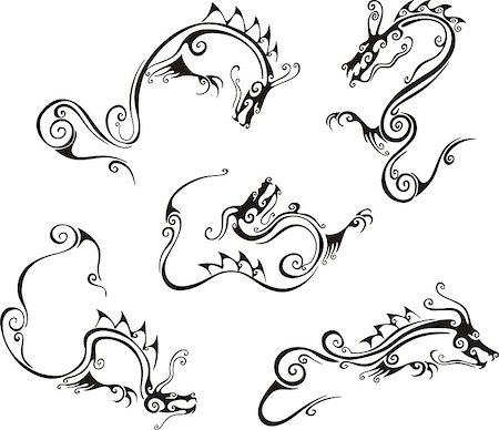 Stylistic dragon tattoos. Set of black and white vector illustrations. Stock Photo - Budget Royalty-Free & Subscription, Code: 400-06762273