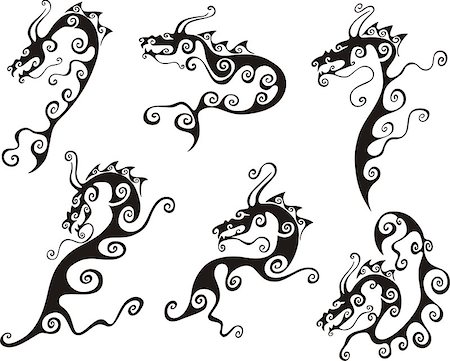 Stylistic dragon tattoos. Set of black and white vector illustrations. Stock Photo - Budget Royalty-Free & Subscription, Code: 400-06762293