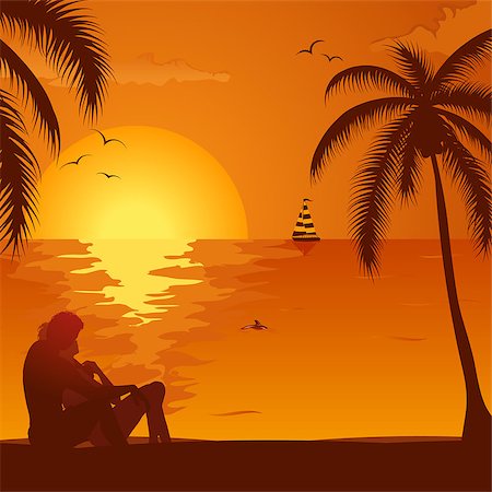 seagulls at beach - Summer Background with Silhouette Young Couple, Palm Tree, Dolphin and Yacht, vector illustration Photographie de stock - Aubaine LD & Abonnement, Code: 400-06762579