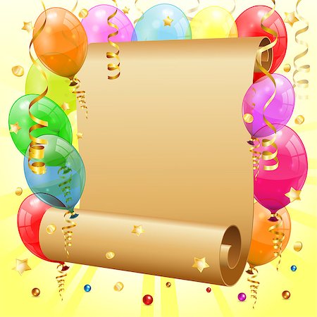 simsearch:400-04402561,k - Birthday Frame with 3D Transparent Birthday Balloons, Scroll Paper, Confetti and Streamer, vector Foto de stock - Super Valor sin royalties y Suscripción, Código: 400-06762580