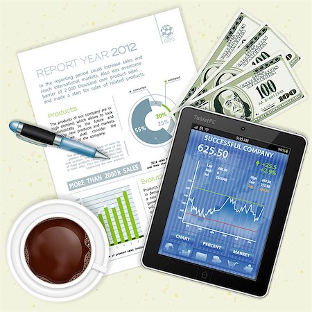 Business and Corporate Work Concept with Tablet PC, Dollars, Report, Pen and Coffee Cup, vector Stock Photo - Budget Royalty-Free & Subscription, Code: 400-06762581