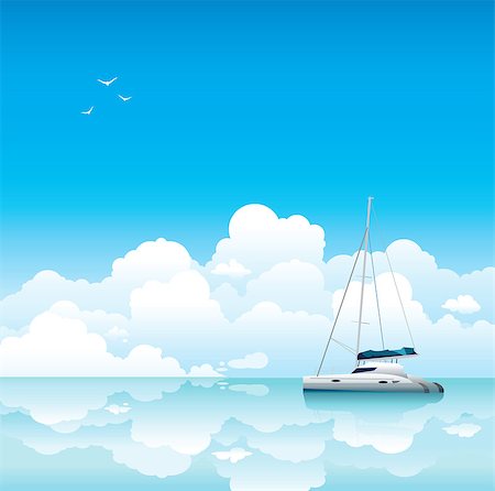 Calm sea with white yacht on a blue sky with clouds Foto de stock - Super Valor sin royalties y Suscripción, Código: 400-06762677