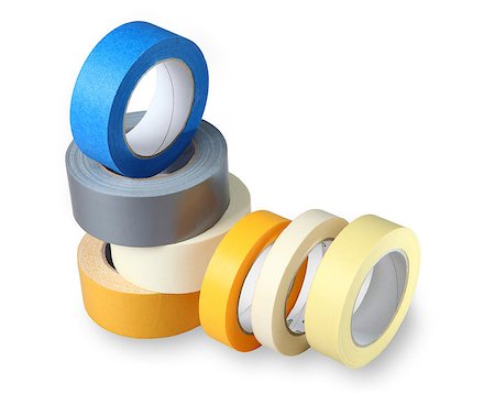 Seven coils colored adhesive tape on paper and polymer-based, isolated image on a white background, horizontal arrangement with painted shade. Foto de stock - Super Valor sin royalties y Suscripción, Código: 400-06762719