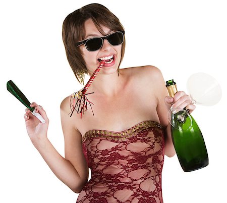 simsearch:400-05208148,k - Happy lady with wine and party favors on white background Photographie de stock - Aubaine LD & Abonnement, Code: 400-06763107