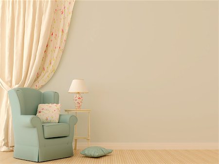 The interior in the style of Provence. Against the background of tenderly blue walls are located a blue chair with a white decorative table, a lamp and Massive light curtains that complete the left side of the composition. On the right side of the composition place for text. Foto de stock - Royalty-Free Super Valor e Assinatura, Número: 400-06763178