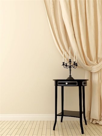 Elegant composition of black classic table and monochrome soft beige curtains on a light background. Foto de stock - Royalty-Free Super Valor e Assinatura, Número: 400-06763188