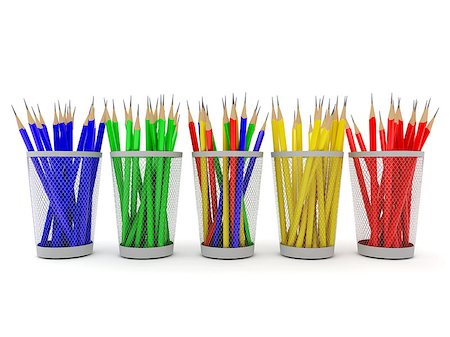 Five containers of bright colored pencils. In four containers they delivered according to the color, and only in the central organizer, they are chaotic, which symbolizes the uniqueness and the departure from the rules. Foto de stock - Royalty-Free Super Valor e Assinatura, Número: 400-06763180