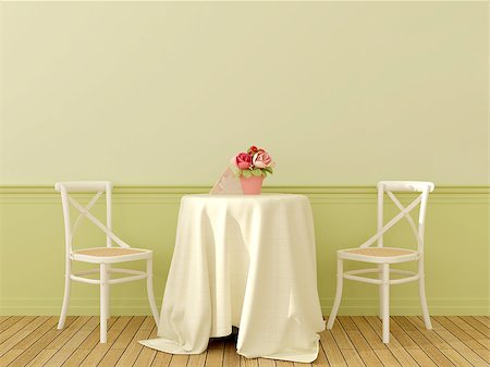 The interior in the style of Provence with two white chairs and a coffee table covered with a linen tablecloth on soft green background Foto de stock - Royalty-Free Super Valor e Assinatura, Número: 400-06763181