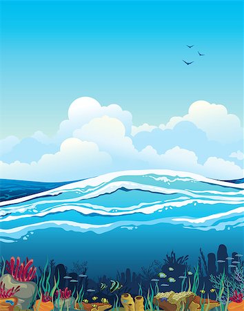 exotic underwater - Nature vector seascape with underwater creatures and blue cloudy sky over surface Stock Photo - Budget Royalty-Free & Subscription, Code: 400-06763378