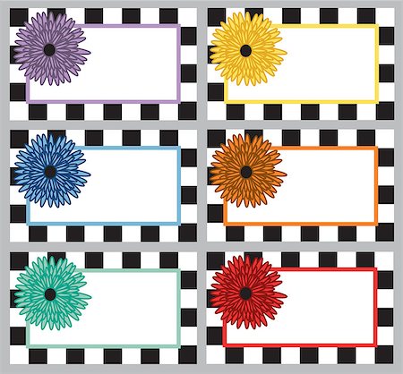 A set of colourful flower labels with a checkerboard frame. Also available as a Vector in Adobe illustrator EPS format, compressed in a zip file, this version can be scaled to any size without loss of quality. The different labels are all on separate colour-coded layers so they can easily be edited individually. Stock Photo - Budget Royalty-Free & Subscription, Code: 400-06763391