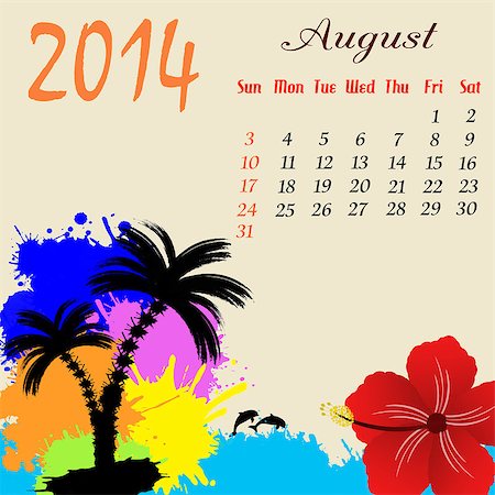 seascape drawing - Calendar for 2014 August with palm trees and dolphins, vector illustration Stock Photo - Budget Royalty-Free & Subscription, Code: 400-06763467