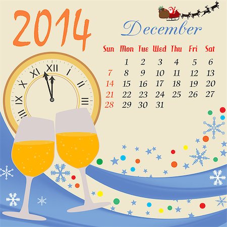Calendar for 2014 December with clock and glass of champagne, vector illustration Stock Photo - Budget Royalty-Free & Subscription, Code: 400-06763735