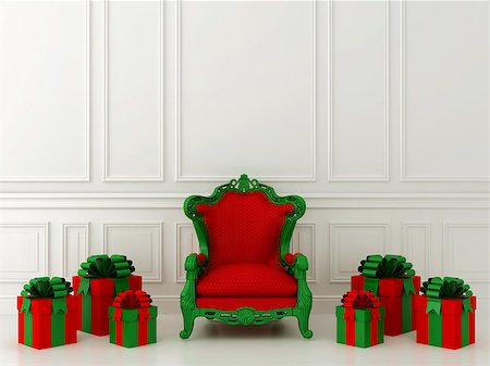 Luxurious red chair Santa Claus and gifts around Foto de stock - Royalty-Free Super Valor e Assinatura, Número: 400-06763859