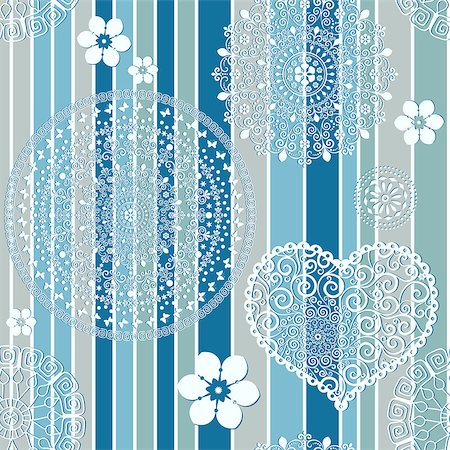 simsearch:400-07061689,k - Vintage blue-gray striped seamless pattern with white lacy circles and heart and flowers (vector) Stock Photo - Budget Royalty-Free & Subscription, Code: 400-06763892