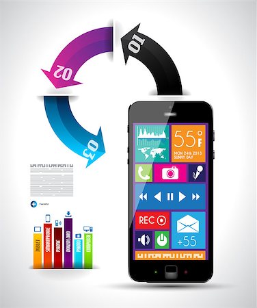 simsearch:400-06766752,k - Modern Infographic with a touch screen smartphone in the middle. Design elements and space for text are available in single color squares over the screen. Cloud computng concept. Stock Photo - Budget Royalty-Free & Subscription, Code: 400-06763931